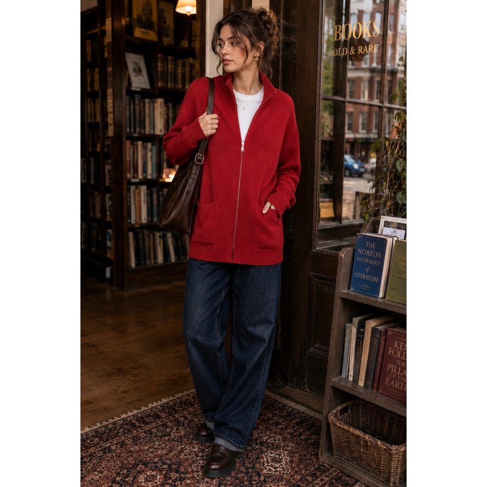 Vintage Yarnworks Red 100% Cotton Full Zip Cardigan Sweater Large